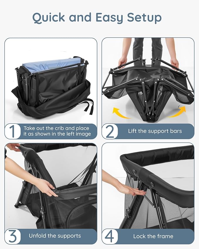 Lilian&Gema 2-in-1 Travel Crib, Portable Crib with Backpack, Lightweight Baby Travel Playpen, Foldable Play Yard with Thick Mattress for Babies & Toddlers, Baby Travel Essential