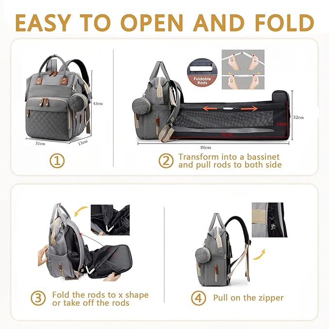 Baby Diaper Bag Backpack with Changing Station Travel Waterproof 3 in 1 Foldable Pad Unisex Grey