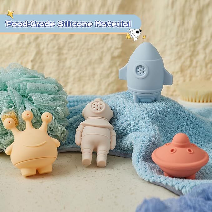 Bath Toys, Space & Rocket 4 Pack | Dishwasher-Safe & Mold Free Silicone Bath Toys | Soft, Squeezable & Float on Water | Soft & Easy-Grip Baby & Toddler Bath Toy Set | Baby Pool Toys