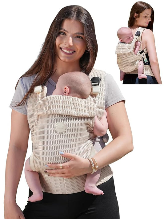 Grownsy Baby Carrier Newborn to Toddler (7-44lbs), Ergonomic & Cozy Wraps with One-Click Buckle, Mesh & Head Support for Hands-Free Comfort, Almond Beige