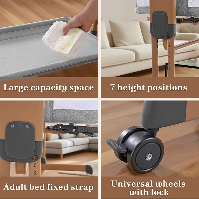 3 in 1 Baby Bassinet, Rocking Bassinets with Comfy Mattress and Wheels, Adjustable Height Bassinet Bedside Sleeper, Easy Folding Portable Crib for Newborn (Grey)