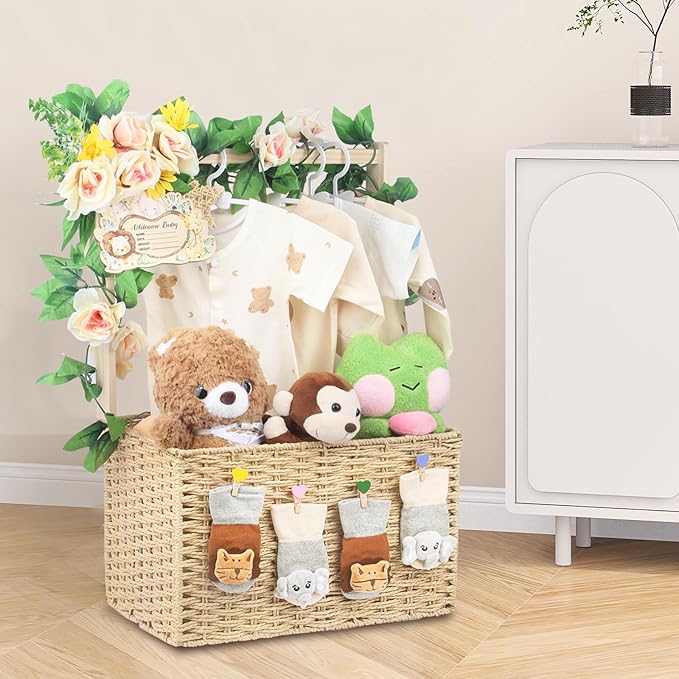 Wooden Baby Shower Crate Closet, Foldable Handwoven Storage Basket for Baby Shower Gifts, Welcome Gift Basket for Newborn Boys Girls, Pregnancy Gifts for New Parents