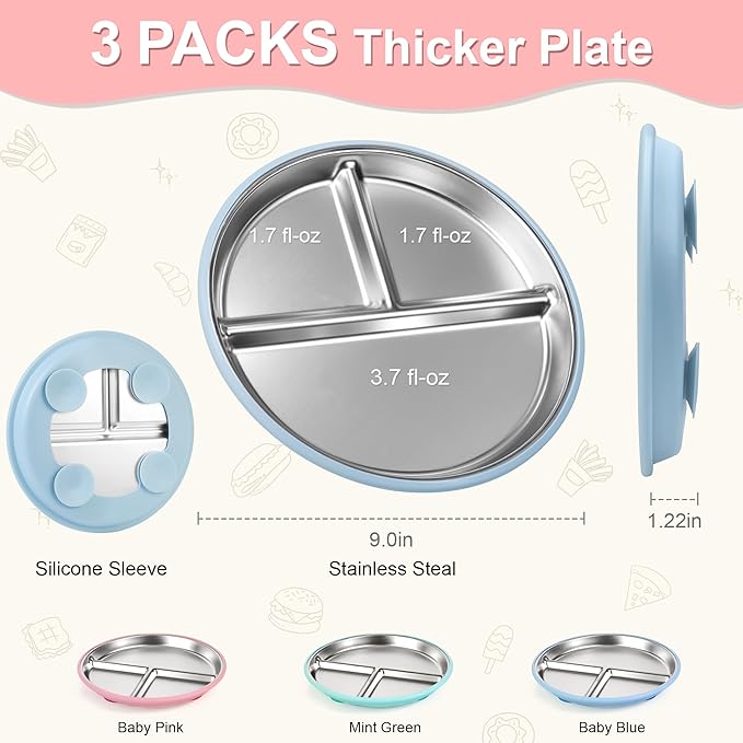 Bella's Friends Stainless Steel Toddler Plates Silicone Suction,3 Packs Non-Slip Baby Plates,Divided Portion,Food-Grade Silicone Plate for Kids,LEAD-FREE Dishwasher Safe, Green Blue Pink
