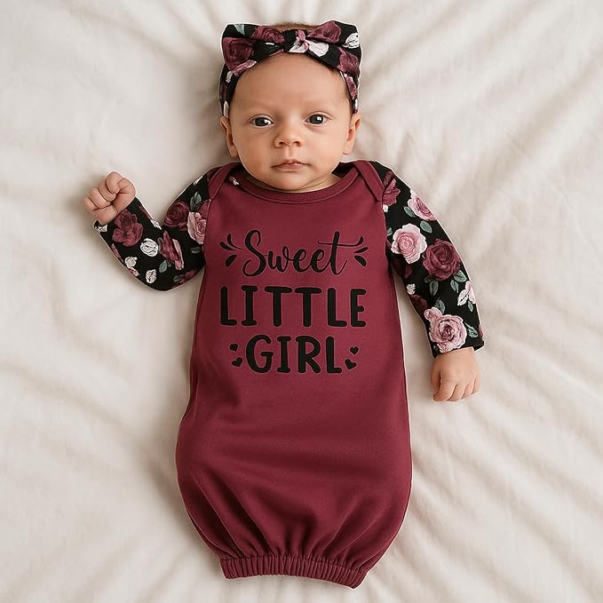 Baby Gown 0-6 Months, Super Soft Infant Nightgown for Baby Girl, Long Sleeve Newborns Sleepers Gown, Newborn Girls Outfits Essential with Headband Set Red