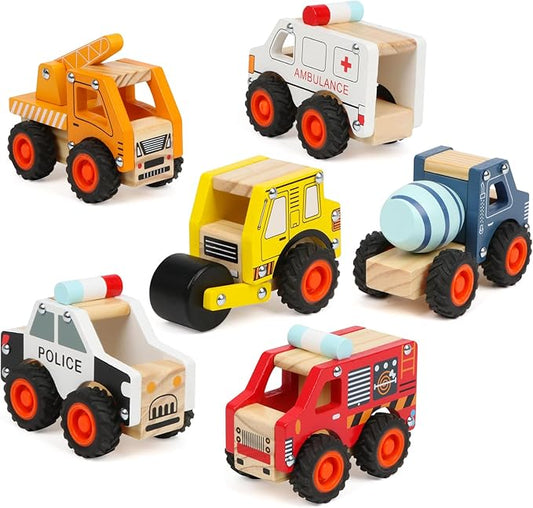 6Pcs Wooden Cars for Toddlers 1-3, Push and Go Vehicles, Kid Toys, Hand Push Cars for 1+ Year Old, Montessori