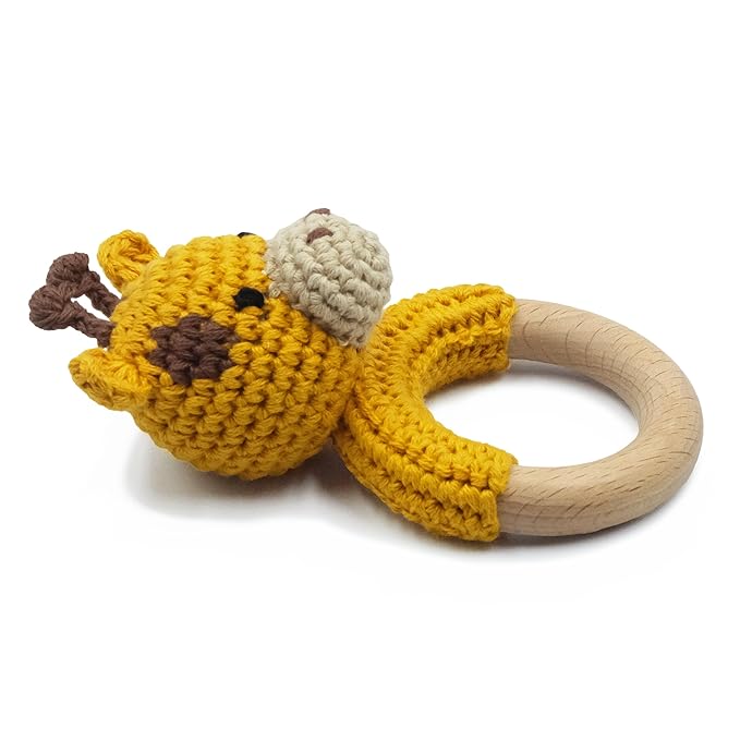 Joliecraft Safari Animals Wooden Baby Rattle Toys Stuffed Crochet Rattle with Teether Ring for Newborn, Giraffe