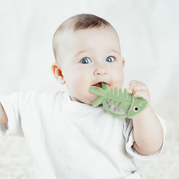 3in1 Infant Toys, Baby Teething Toys 0-3-6-12 Months, Teethers for Babies 3-6 6-12 Months for Teething Relief,Easter Gifts,Silicone,Sensory Baby Toys 0-6 Months,USA Patent Pending,Fish,Green