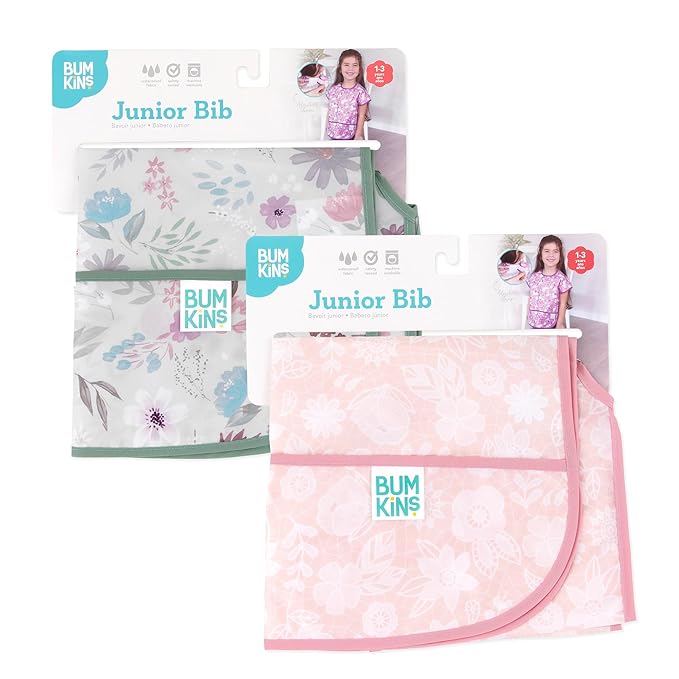 Bumkins - Junior Bib - For Boys & Girls, Toddlers & Kids 1-3 Years - Lightweight, Durable, Waterproof - Short Sleeve Bib - Catch-All Pocket - Wipeable & Machine Washable - Floral & Lace - 2 Pack