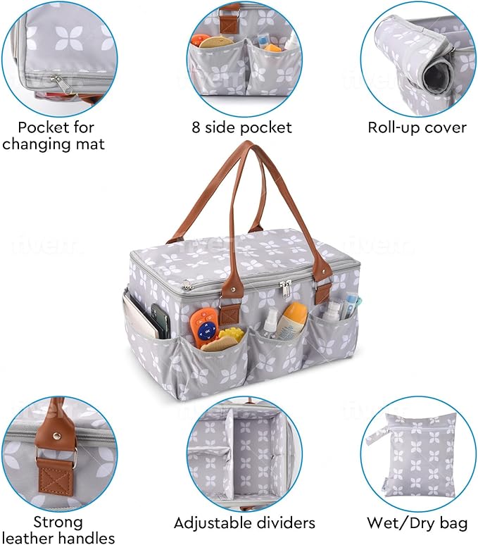 Moteph Diaper Caddy Organizer - Baby Caddy with Lid & Changing Mat, Car Diaper Caddy, Large Nursery Storage Diaper Tote Basket for Changing Table with Zip-Top Cover, Great for Baby Showers - Grey