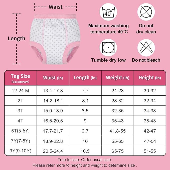 BIG ELEPHANT 10-Pack Baby Potty Training Underwear, Soft 100% Cotton Absorbent Training Pants for Boys & Girls, Ages 12M-10Y