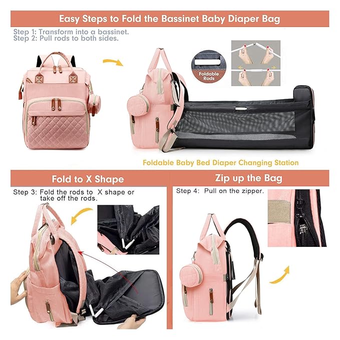 Diaper Bag with Changing Station, Waterproof Baby Bags for Boys & Girls, USB Charging Port for Parents, Must-Have Baby Essentials & Lovely Baby Shower Gifts, Pink