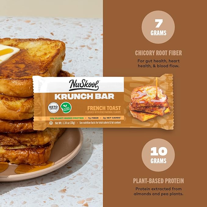 NuSkool Snacks French Toast Keto Friendly Protein Krunch Bars (12 Pack) - 7g Fiber, 10g Clean Plant-Based Protein, 3g Net Carbs - Gluten-Free, Non-GMO, Vegan, Low Carb Keto Healthy Breakfast Snack