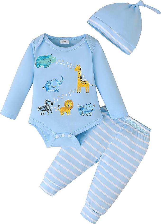 SUNNY PIGGY Baby Boy Clothes Newborn Infant Boys Outfits Romper Hat Pants 3PC Set 0-3 3-6 6-12 12-18 Month Clothing Gift