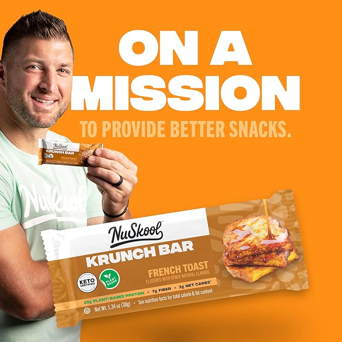 NuSkool Snacks French Toast Keto Friendly Protein Krunch Bars (12 Pack) - 7g Fiber, 10g Clean Plant-Based Protein, 3g Net Carbs - Gluten-Free, Non-GMO, Vegan, Low Carb Keto Healthy Breakfast Snack