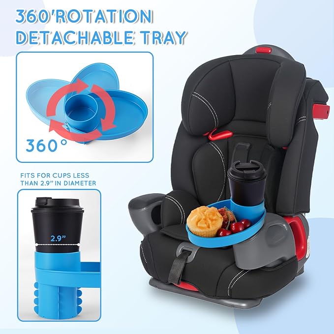 Car Seat Tray - Easily Expands Snack Tray Cup Holder Tray into 360° Cup & Travel Tray for Kids Car Seat, Booster, and Stroller (Blue)