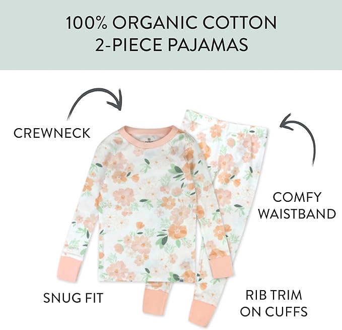 HonestBaby baby-girls 2-piece Pajamas Sleepwear Pjs 100% Organic Cotton for Baby, Toddler, Kids, Girl