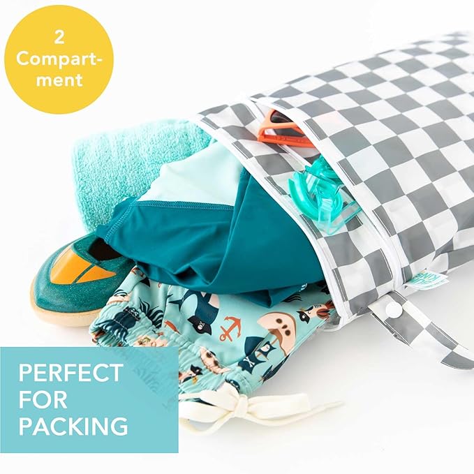 Bumkins Waterproof Wet Dry Bag for Baby, Travel, Swim Suit, Cloth Diapers, Pump Parts, Pool, Beach, Gym Clothes, Toiletry, Hook to Stroller, Daycare, Zipper Reusable Wetdry Packing Pouch, Gray Check
