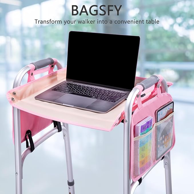 BAGSFY Walker Tray with Cup Holder & 2 Side Pockets, Folding Walker Table for Seniors | Sturdy, Easy-Clean Tray with PEVA Surface | Universal Fit for Standard Walkers, Walker Accessory for Elderly