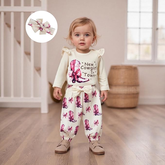 Fernvia Western Newborn Baby Girl Clothes Long Sleeve Letter Print Romper Animal Print Pants Headband 3Pcs Outfits Sets