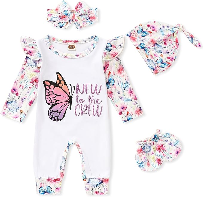GRNSHTS Newborn Baby Girl Romper Infant Letter Print Jumpsuit Floral Bodysuit+Hat+Headband+Gloves Coming Home Clothes Outfits
