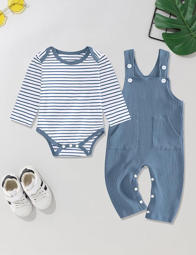 oklady Baby Boy Clothes Stripe Pattern Print Romper Top and Baby Overalls with Hat 0-18 Months Baby Boy Outfits