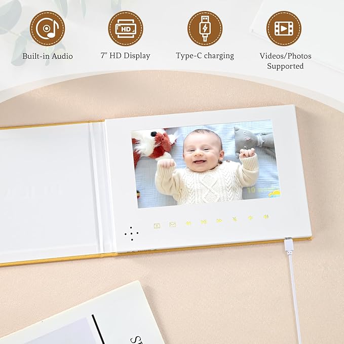The Story of You – Luxury Memory Video Book, Linen Cover with Gold Foil, 7″ HD Screen, 4GB Rechargeable Digital Album for Baby Keepsake & Newborn Gift