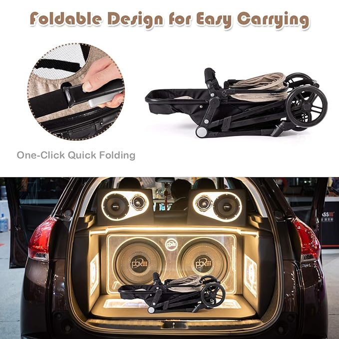 BABY JOY Baby Stroller, 2 in 1 Convertible Carriage Bassinet to Stroller, Pushchair with Foot Cover, Cup Holder, Large Storage Space, Wheels Suspension, 5-Point Harness (Light Coffee)