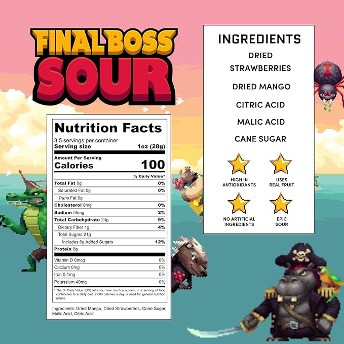 Final Boss Sour Candy Strawberry and Mango, 1 Pack, Level 2, Extreme Sour Fruit Chews with Real Dried Fruit, No Artificial Colors or Flavors, Low Calorie Snack for Kids, Teens, Adults & On The Go