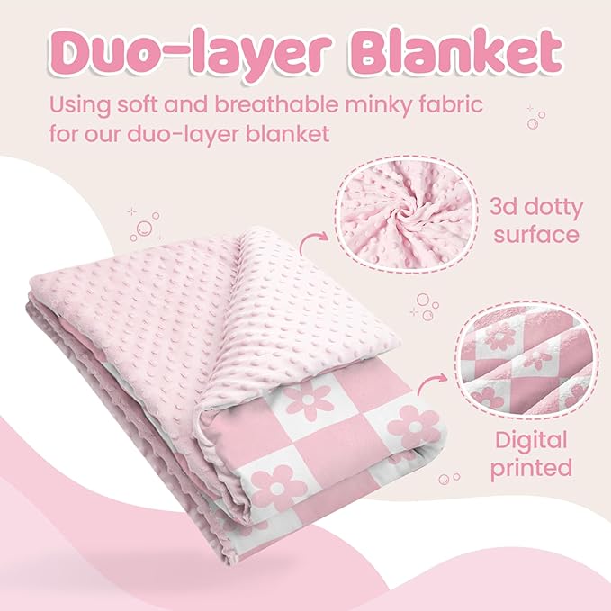 Daisy Minky Baby Blanket 30 x 40 Inches for Girls, Soft Plush Receiving Blanket with Dotted Back, Gift for Toddler Newborn Infant Christmas Birthday Baby Shower