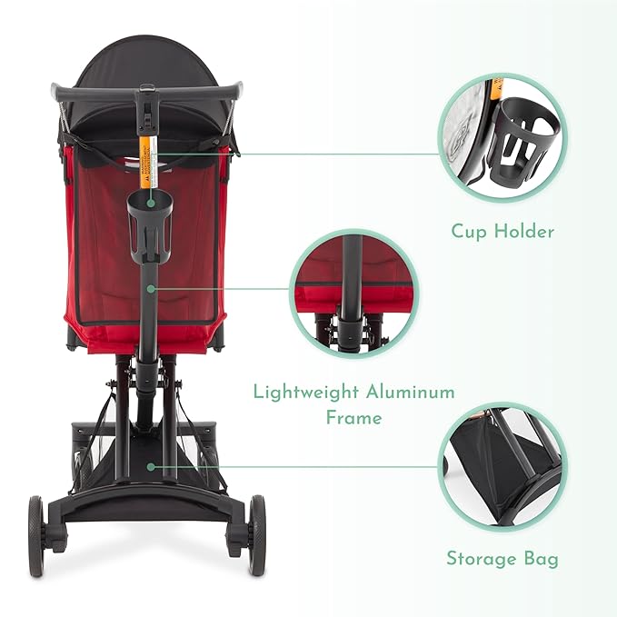 Evolur Roamer Ultra Light Stroller in Red, Travel-Ready Compact Stroller with One-Hand Fold, 33 lb Capacity, Sun Canopy & Cup Holder, Easy Clean, Smooth Ride for Everyday Use