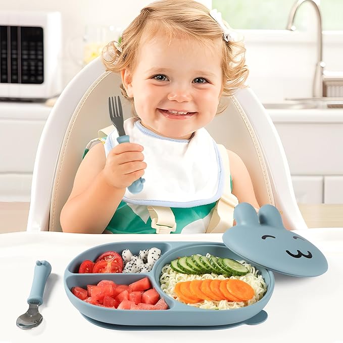 Silicone Baby Plate,Toddler plates,Self-feeding of infants after weaning, 100% Food Grade Silicone, BPA Free, Including Fork and Spoon, Baby Plates With Suction, Divided Plate for Babies(blue)