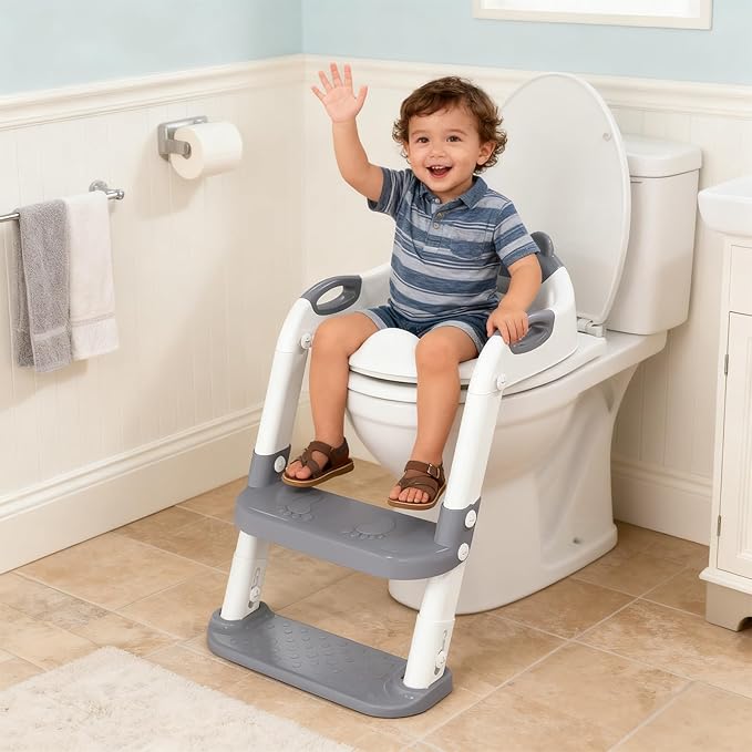 SKYROKU Toilet Potty Training Seat with Step Stool Ladder, Toddler Potty Seat for Kids and Toddler Boys Girls, Splash Guard and Safety Handles(Grey)