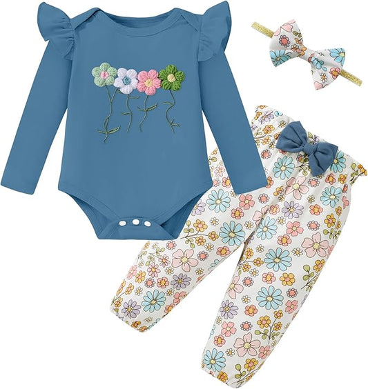 Baby Girl Clothes Newborn Infant Cotton Ruffle Romper+ Floral Pants + Headband Sets Fall Winter Outfits