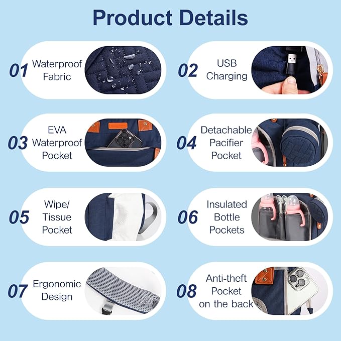 JOYCE Baby Diaper Bag Backpack, with Diaper Changing Station, Multi-functional Travel Diaper Waterproof Backpack, for Baby Boys and Girls, with Foldable Portable Pad and Sunshade (Large Blue)