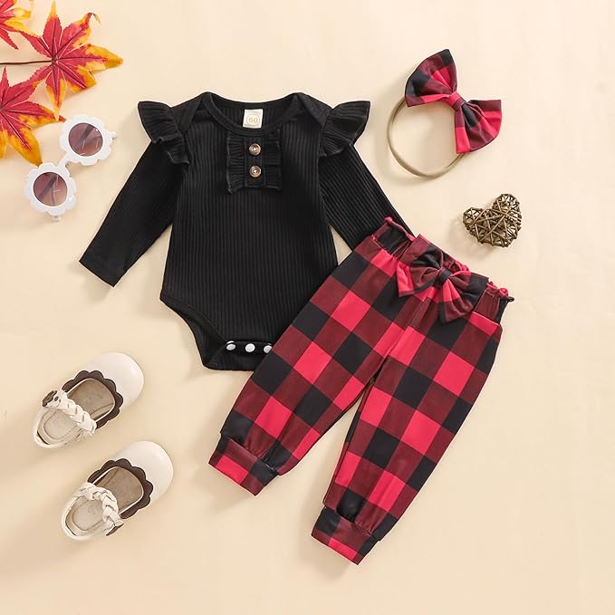 Baby Girls Clothes Ribbed Romper Bodysuit Pants Headband Set Fall Winter Outfits
