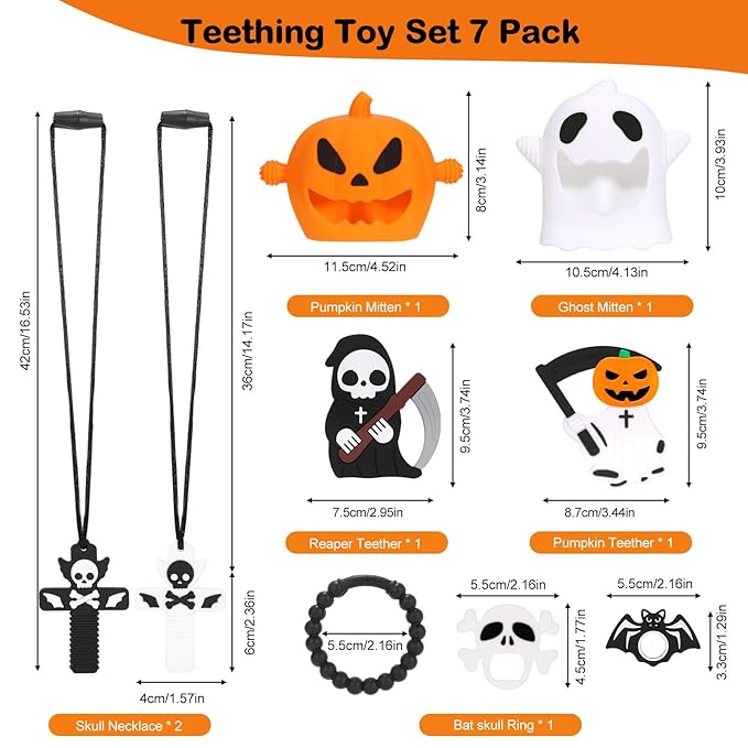 Halloween Baby Teething Toys Set 7Pack: Teething Mittens, Ring & Flat Teethers, Sensory Chew Necklaces – Ideal Gift for Newborns, Infants & Toddlers – Perfect Baby’s First Halloween Basket Stuffer