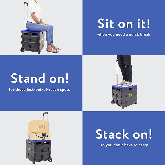 dbest products Quik Cart Collapsible Rolling Crate on Wheels for Teachers Tote Basket, 80 lbs Capacity, Blue Lid Made from Heavy Duty Plastic and used as a Seat