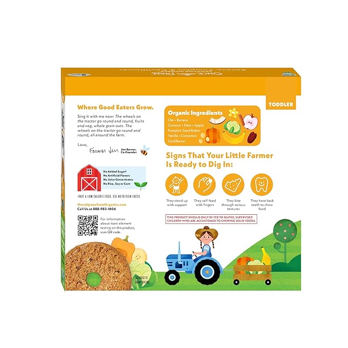 Once Upon A Farm Banana, Pumpkin & Cauliflower Soft Baked Bar Snack, for Toddler, Tractor Wheels, No Added Sugar, Non GMO, 3.35 Ounces (Pack Of 8)