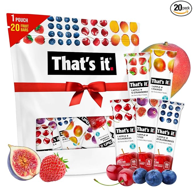 That's it. Fruit Bars Snack 20 Pack - 100% All Natural Gluten-Free Vegan Low Carb Snacks - Healthy Fruit Snacks Variety Pack Strawberry, Mango, Blueberry, Cherry, Fig Bars