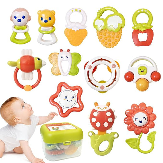 12PCS Baby Rattles Toys Set with Storage Case, Teething Toys for Babies, Newborn Christmas Gift for Baby Infant Boys and Girls 0 1 2 3 4 5 6 7 8 9 10 11 12 Months