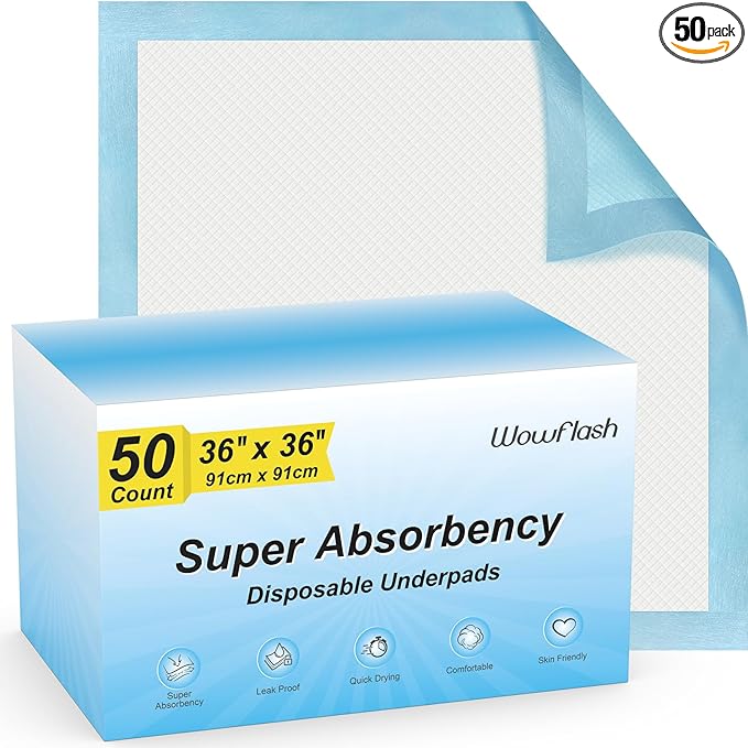 50 Count 36" x 36" Super Absorbency Disposable Underpads - Leakproof Quick Drying Pads for Baby, Puppy & Adults, Bed Pads, Incontinence & Dog Pee