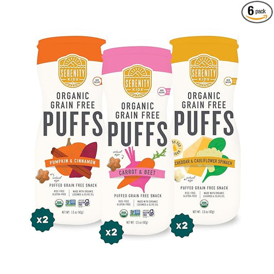 Serenity Kids 6+ Months Grain-Free Allergen-Safe Puffs for Toddlers & Babies - No Grains, Gluten, Nuts, Rice - Organic Veggies, Legumes, Olive Oil (1.5 Ounce (Pack of 6), Variety Pack)
