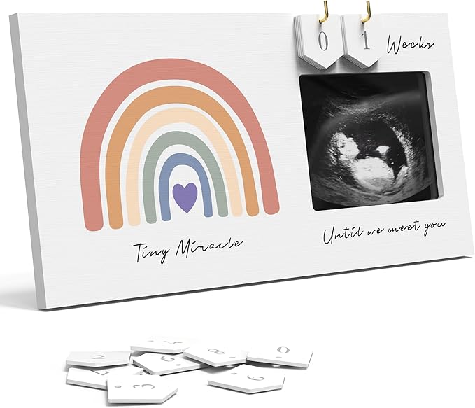 Rainbow Baby Sonogram Picture Frame Countdown Weeks, Pregnancy Announcement Ideas, 4"x3" Ultrasound Photo, Gender Reveal Baby-Shower Gift for New Mom Dad Expecting Parents Grandparents to Be Keepsake