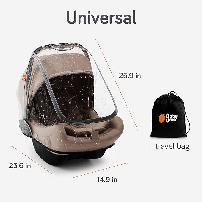 Baby Uma Car Seat Rain Cover - Waterproof & Breathable Carseat Covers Baby, 100% PEVA with Ventilation Panels, Protects from Rain, Dust & Wind, Universal with Easy-Access Window (+ Travel Bag)