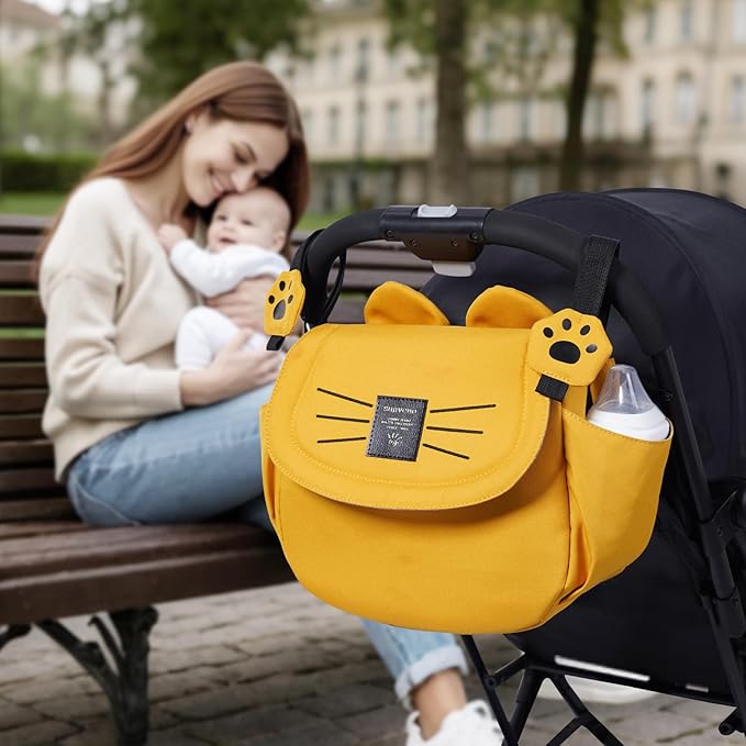 SUNVENO Kitty Stroller Organizer Bag – Universal Baby Stroller Caddy with 2 Cup Holders, Adjustable Straps, Waterproof Oxford, Lightweight Travel Accessory for Strollers, Prams & Pushchairs,Yellow