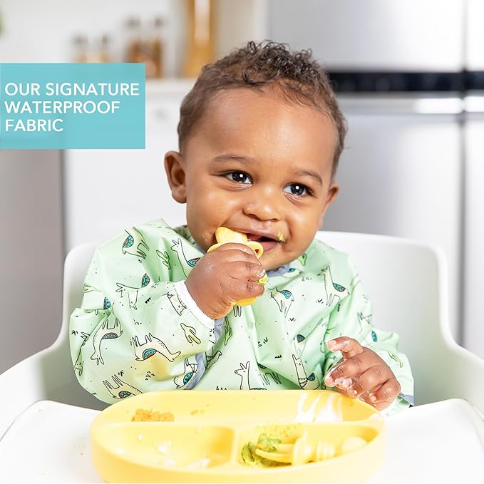 Bumkins Sleeved Bib for Girl or Boy, Baby and Toddler for 6-24 Mos, Essential Must Have for Eating, Feeding, Baby Led Weaning Supplies, Long Sleeve Mess Saving Food Catcher, Soft Fabric, Llama Green