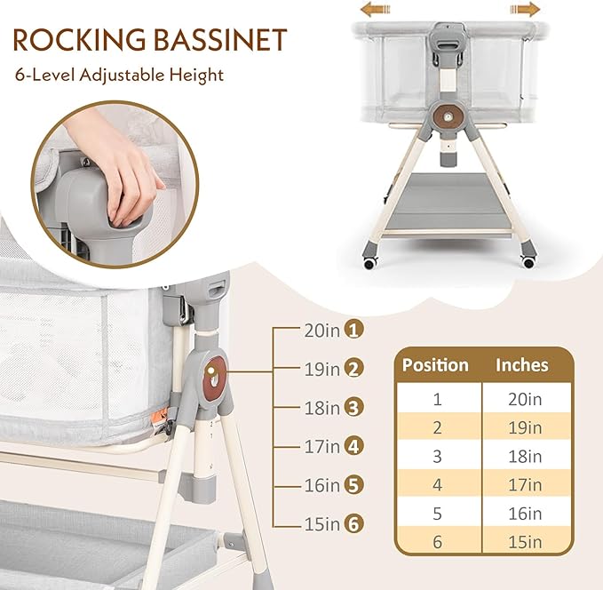Baby Bassinet,Rocking Bassinet with Waterproof Sheet,3 in 1 Baby Bassinets Bedside Sleeper,6 Height Adjustable Bedside Bassinet for Newborn(Light Grey)