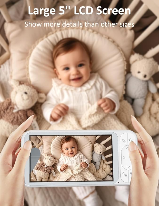 1080P 5'' Baby Monitor with 32 Hours 5000mAh Battery, Pan Tilt 4X Zoom Video Baby Monitor with Camera and Audio, Night Vision, VOX, 2-Way Talk, 8 Lullabies,1200ft Range No WiFi