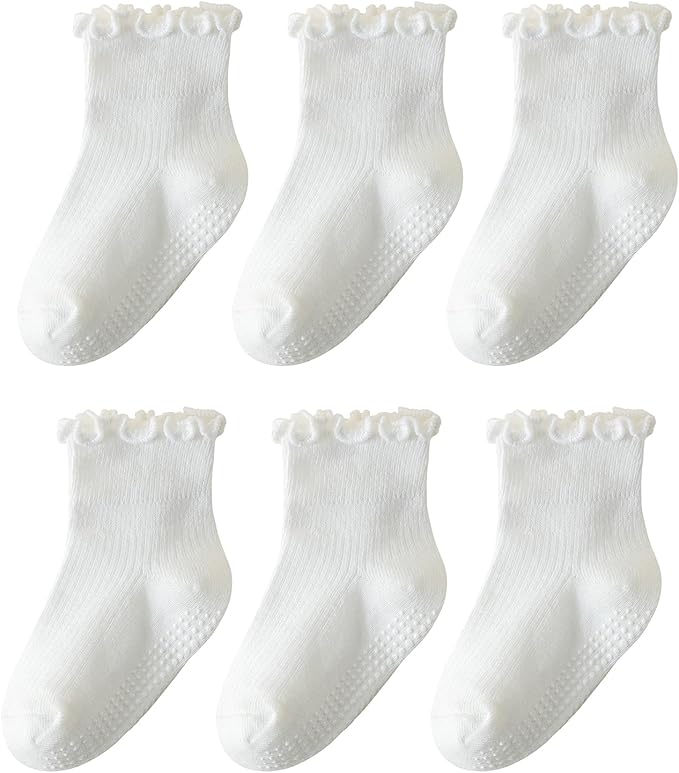 6 Pairs Toddler Ruffle Socks for Girls - Baby Grip Socks with Non-Slip, Cute Grippy Frilly Design