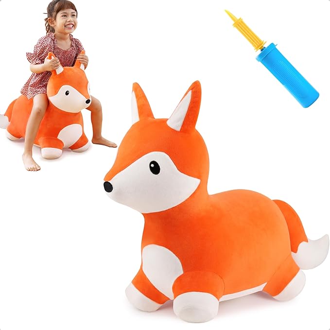 iPlay, iLearn Bouncy Pals Fox Hopping Horse, Plush Inflatable Animal Hopper, Indoor n Outdoor Ride on Jumping Bounce Toys, Birthday Gift for 18 Months 2 3 4 5 Year Old Kids Toddlers Boys Girls